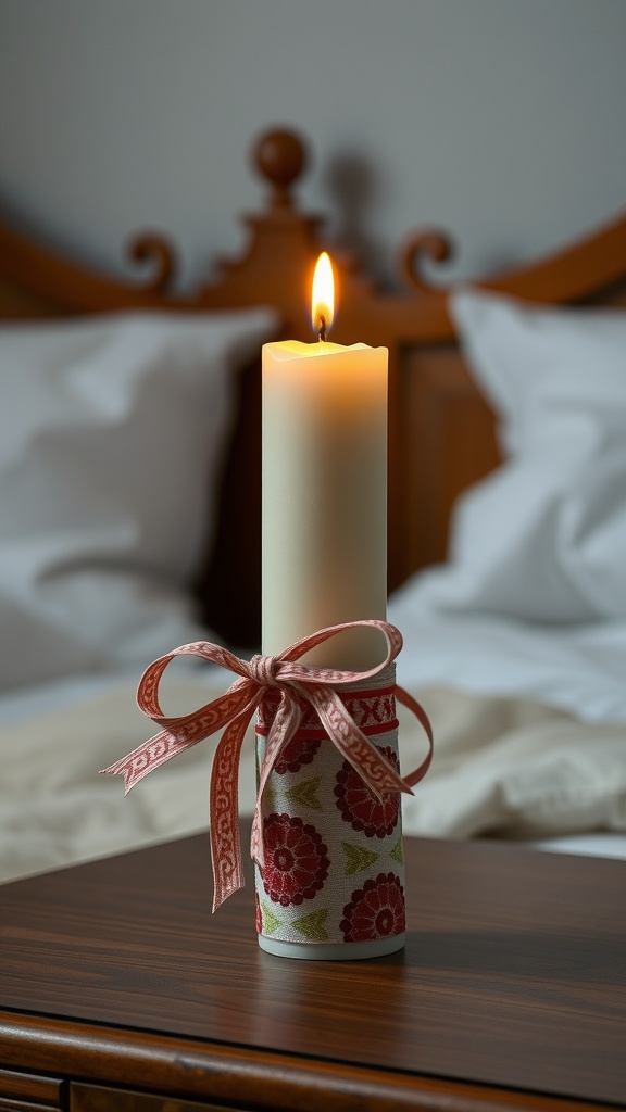 A candle wrapped in colorful fabric with a ribbon, placed on a wooden table.