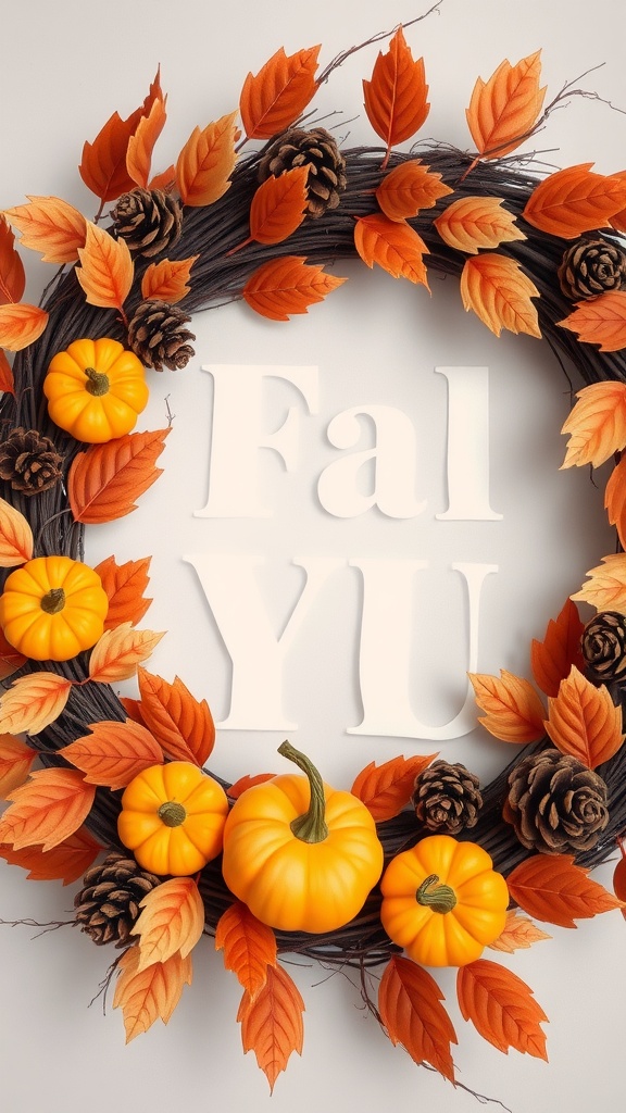 A fall-themed wreath featuring pumpkins, vibrant orange leaves, and pinecones, with the word 'Fall' displayed in the center.