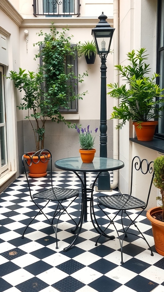 An outdoor patio featuring a round glass table with two black wrought-iron chairs, a vintage lamp post, and potted plants against a checkered floor.