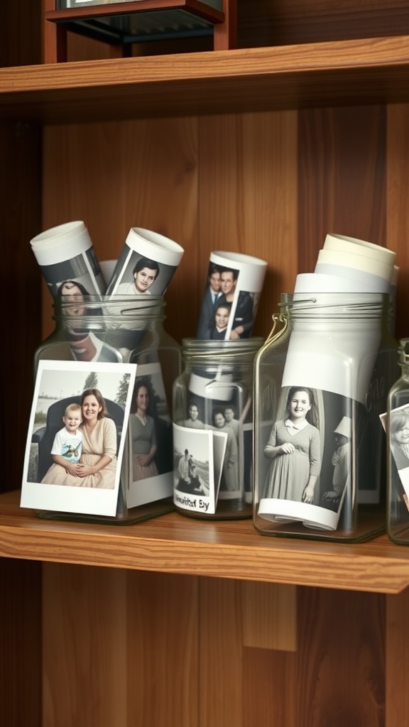 Glass jars filled with rolled family photos on a wooden shelf