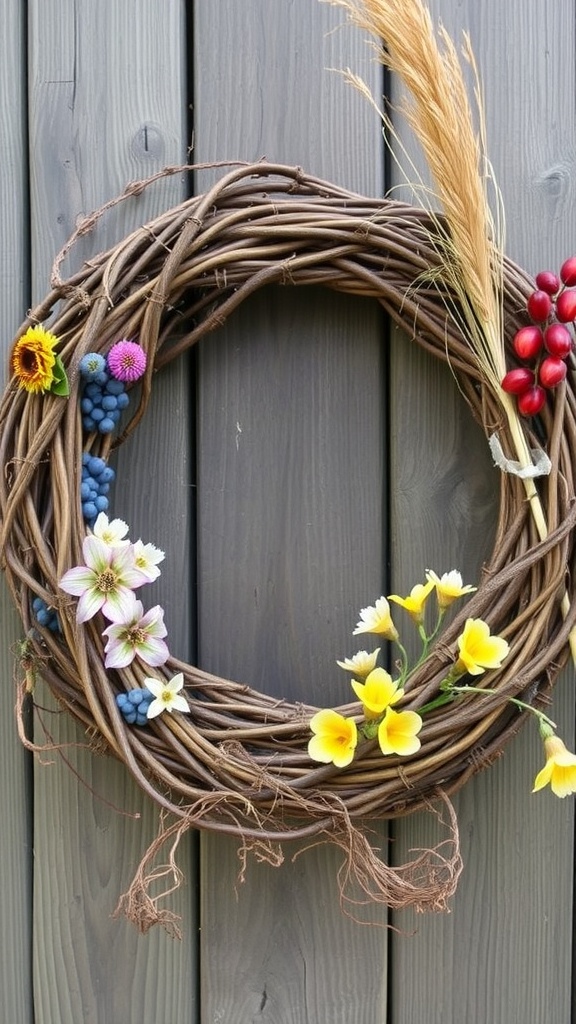 A grapevine wreath adorned with bright wildflowers and dried wheat