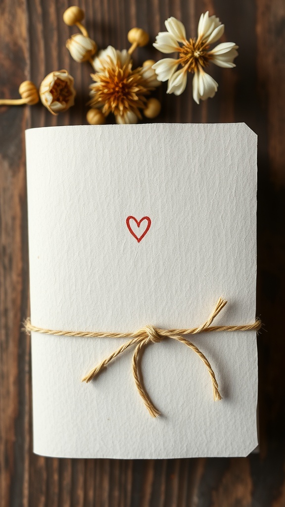 A handmade paper card tied with twine featuring a small red heart design, surrounded by dried flowers.