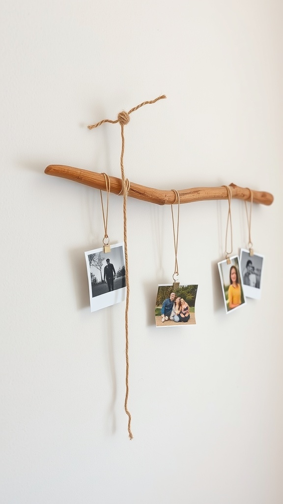 A wooden branch hanging on a wall with photos clipped to it.