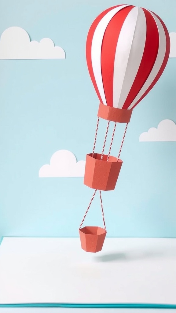 A pop-up card featuring a colorful hot air balloon with red and white stripes against a blue background and clouds.