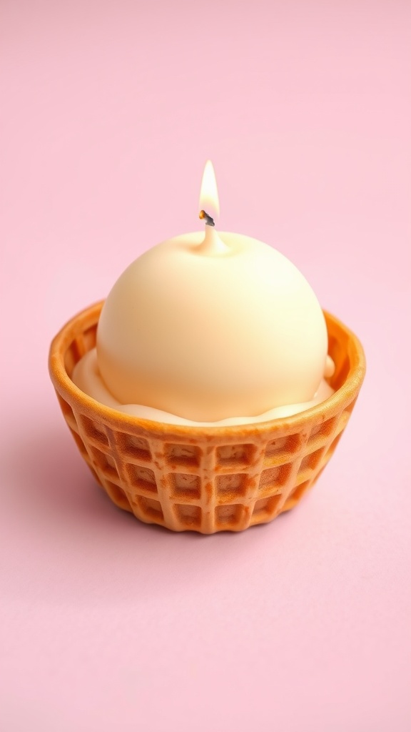 A cute candle designed to look like an ice cream scoop in a waffle cone.