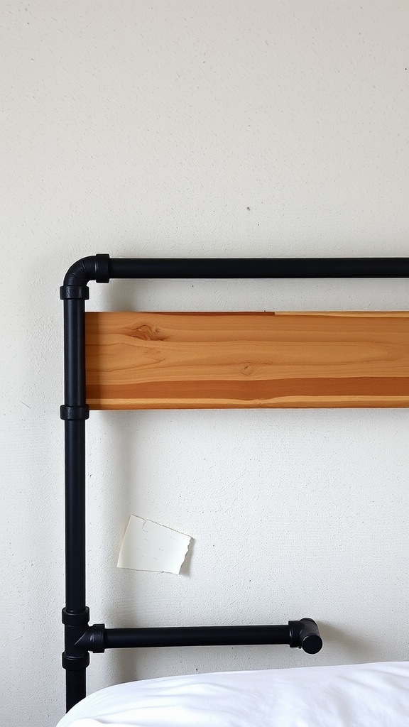 An industrial pipe headboard featuring black pipes and a wooden panel