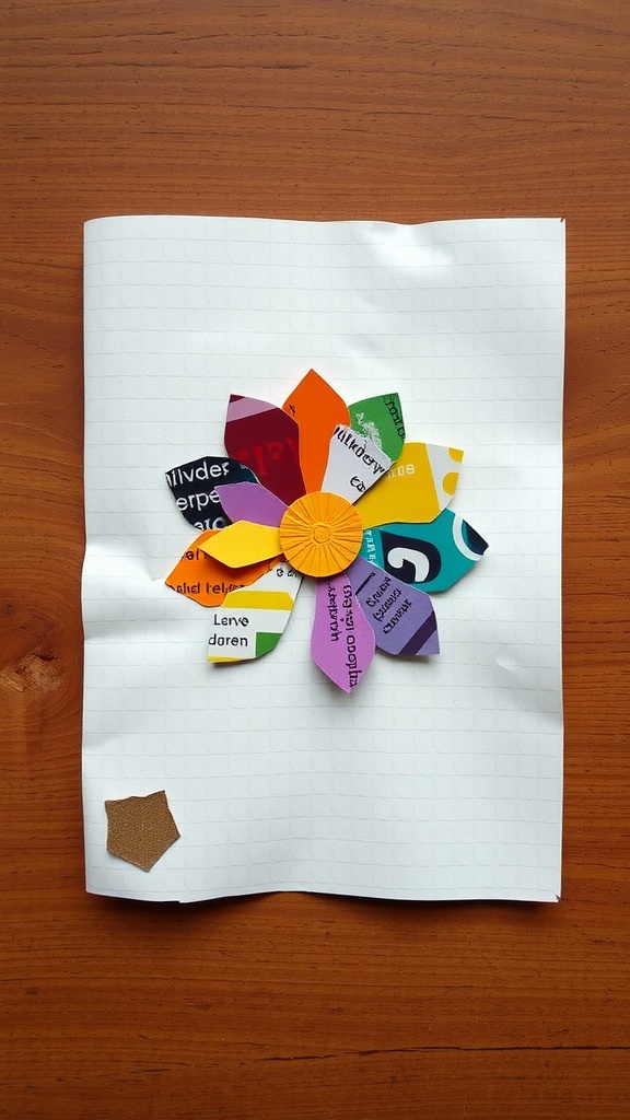A handmade card featuring a colorful flower collage made from recycled junk mail.