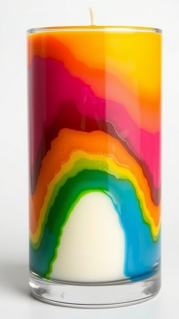 A layered crayon color candle with vibrant colors.