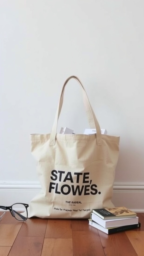 A beige tote bag with the text 'STATE, FLOWES.' and a few books beside it on a wooden floor.