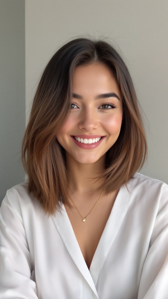 A smiling person with a long bob hairstyle featuring a diagonal part