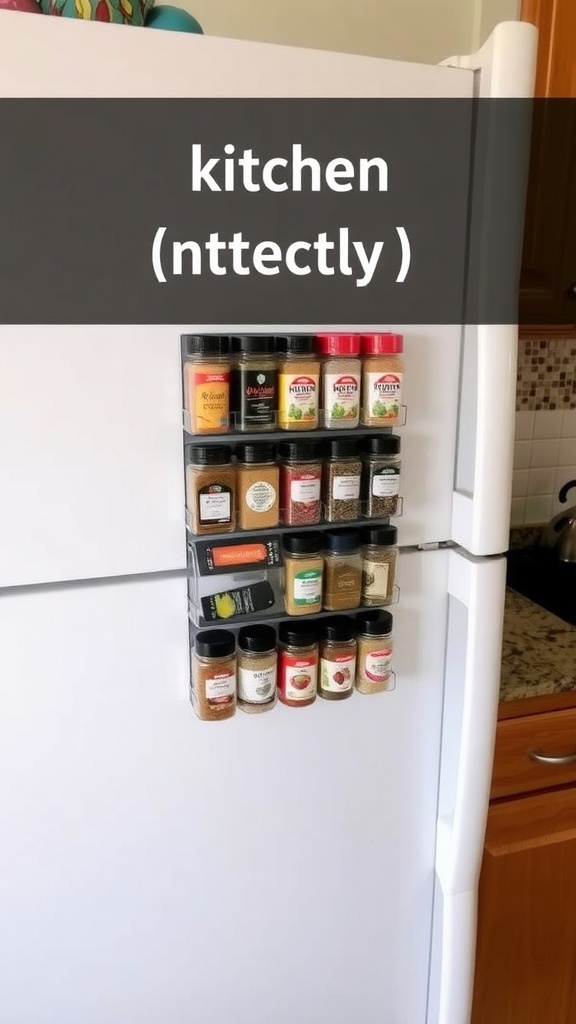 Magnetic spice rack attached to a refrigerator