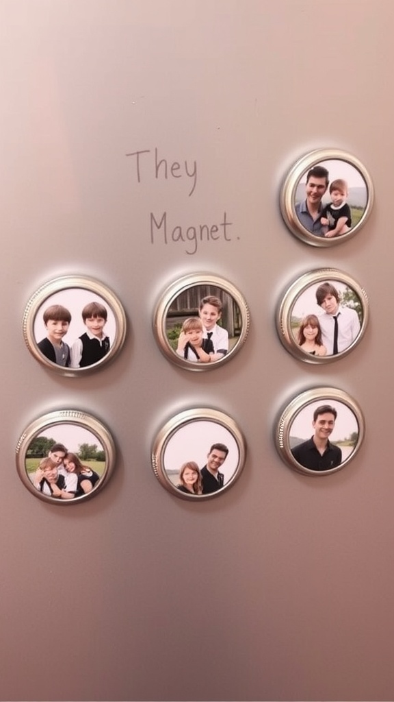 Mason jar lid photo magnets displayed on a fridge showcasing family pictures