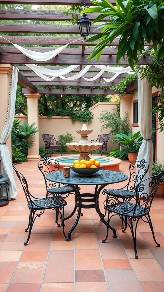 Mediterranean courtyard with a fountain, lush plants, and a round table set for outdoor dining