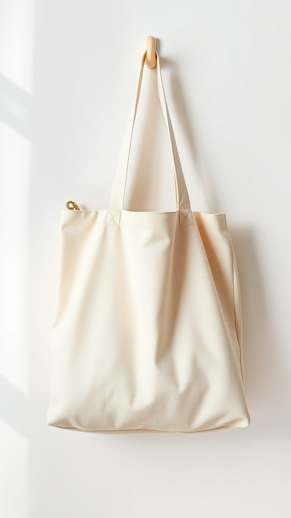 A simple beige linen tote bag hanging on a hook