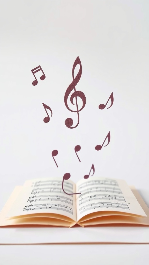 Pop-up card featuring musical notes above an open sheet of music.