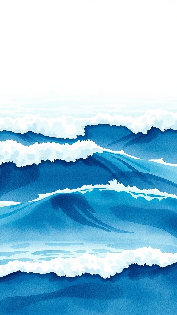 A watercolor illustration of ocean waves, featuring varying shades of blue and white foam.