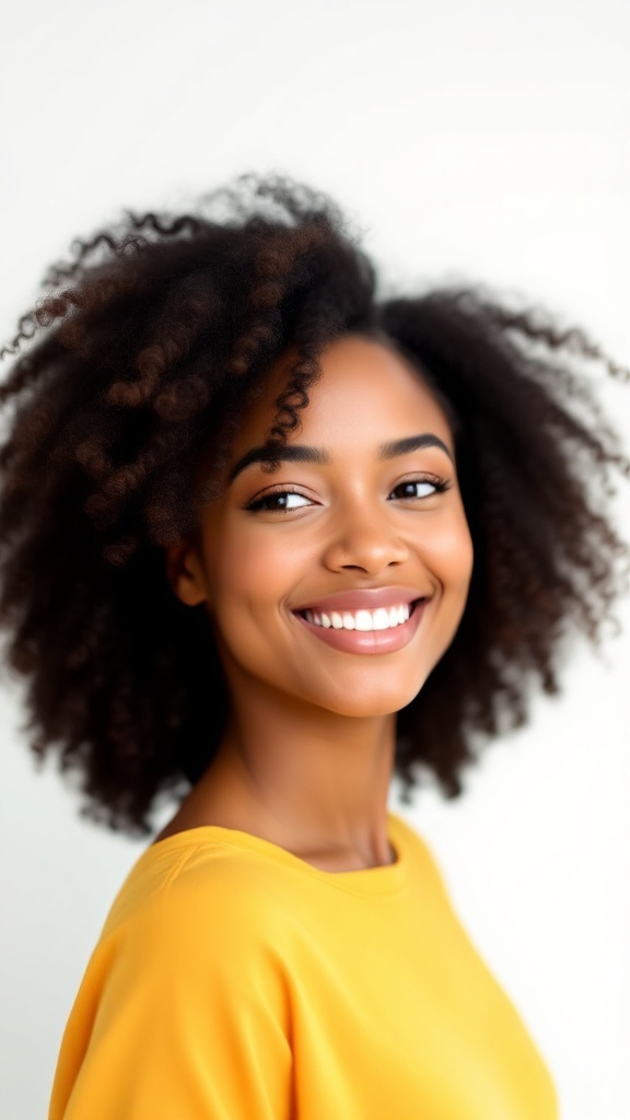 A woman with a one-sided twist out hairstyle, wearing a bright yellow top and smiling.