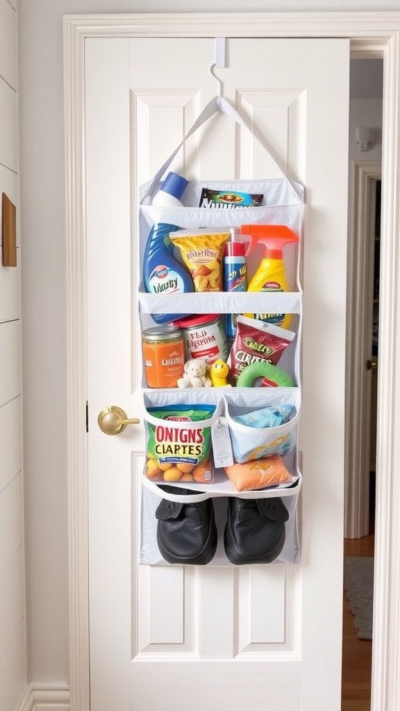 Over-the-door shoe organizer filled with cleaning supplies, toys, and shoes.
