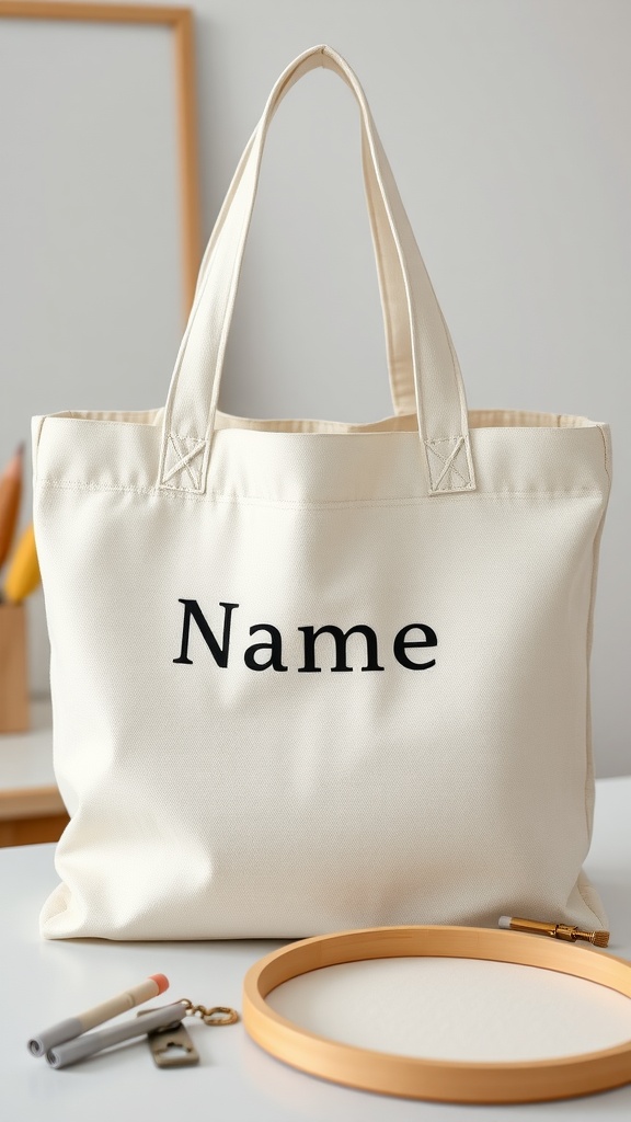 A personalized tote bag with the word 'Name' on it, set on a surface with a wooden embroidery hoop and some art supplies nearby.