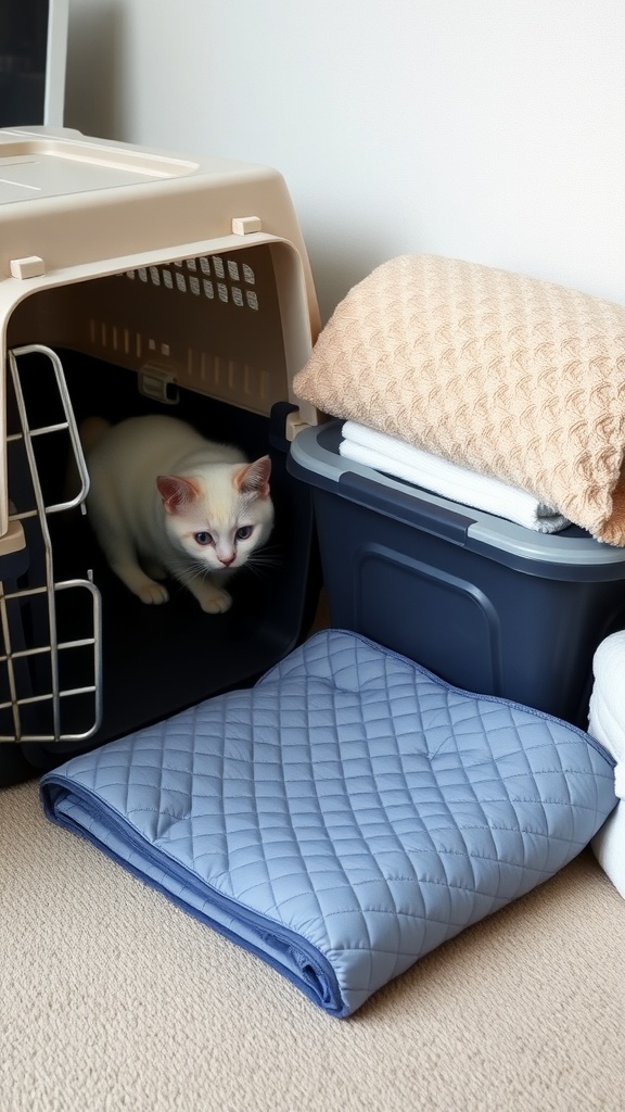 A cozy quilted liner for a pet carrier, with a cat peeking out from inside the carrier.