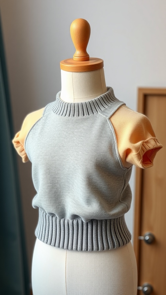 A stylish pet sweater displayed on a mannequin, featuring a grey body and yellow sleeves.