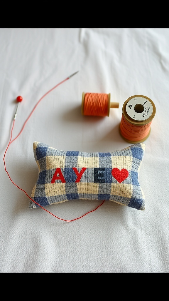 A handmade pet toy bone with colorful stitching and sewing materials.
