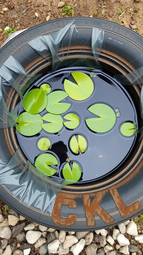An old tire repurposed as a pond liner, filled with water and lily pads