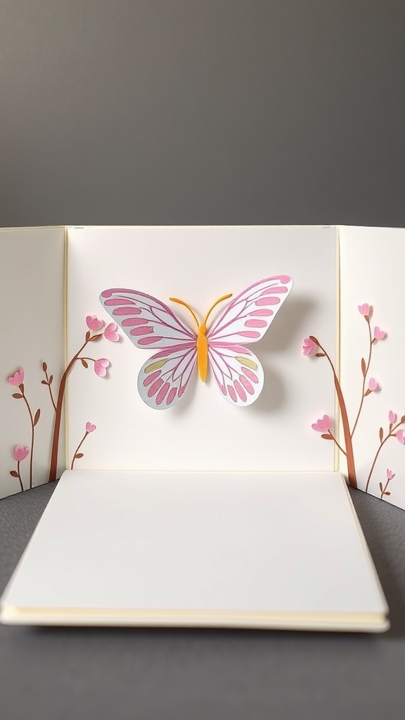A pop-up butterfly card with a pink butterfly and small flowers