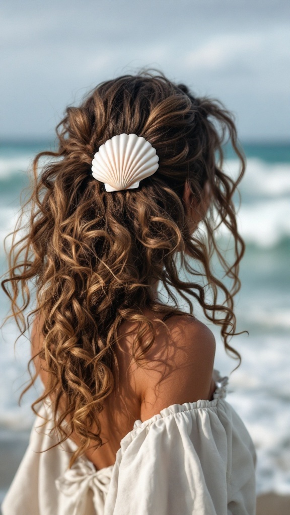 Woman with pulled-back curls and a shell-shaped hair clip at the beach