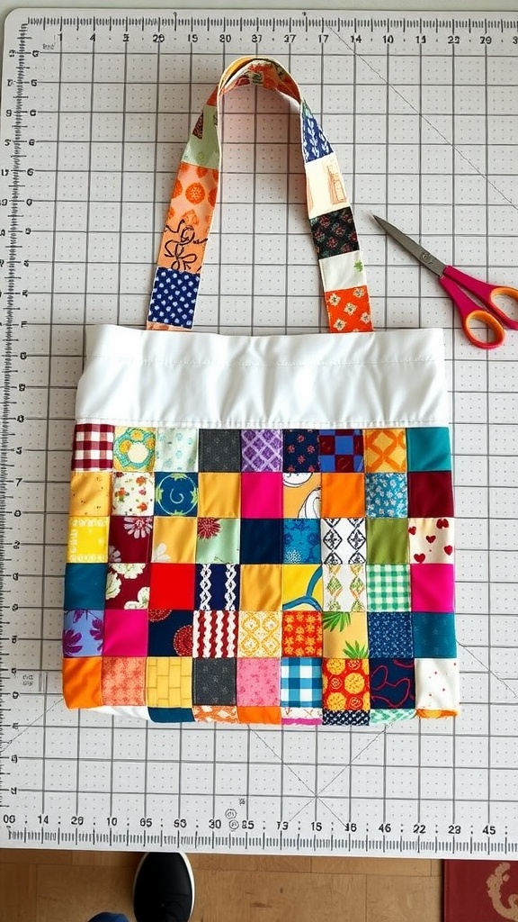 A colorful quilted patchwork tote bag on a cutting mat with scissors beside it.