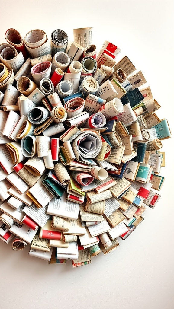 An artistic arrangement of rolled magazine paper creating a textured wall art piece.