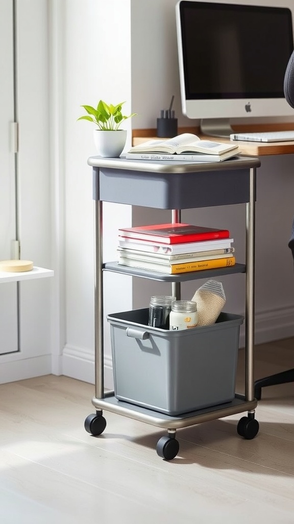 A rolling storage cart with books and a plant, positioned next to a desk.