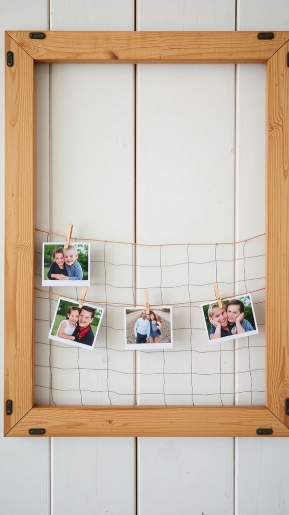 Rustic wooden frame with wire and clips holding family photos