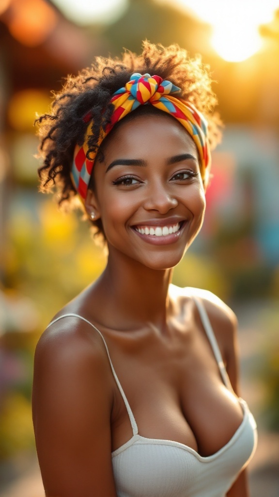 A woman with short natural curls wearing a colorful headband, smiling brightly.