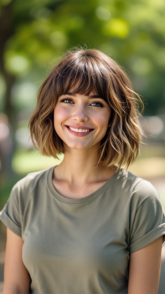 A smiling woman with a short shag hairstyle and curtain bangs, wearing a green shirt in an outdoor setting.