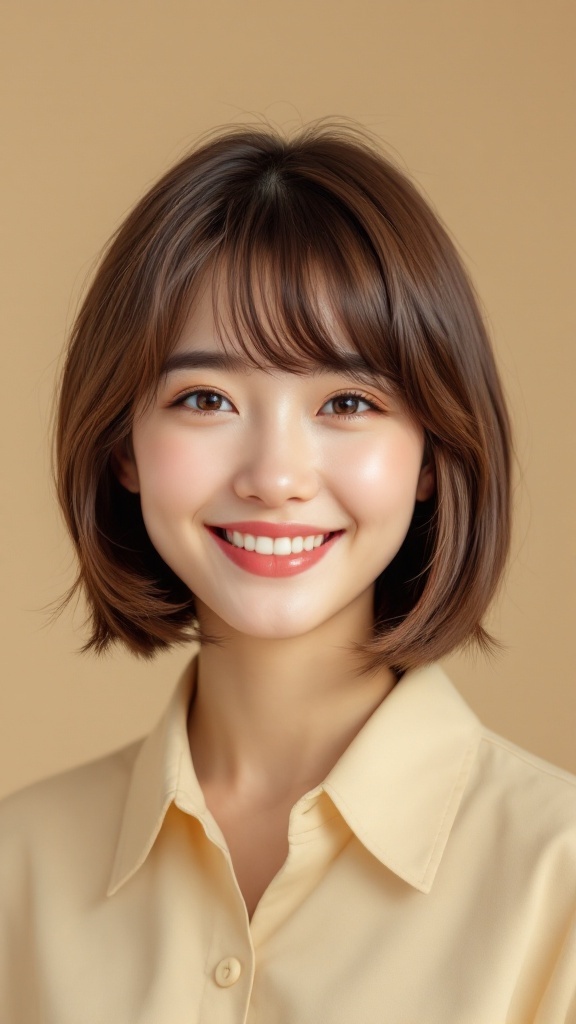 A model with a cute bob hairstyle and side-swept bangs, smiling against a beige background.