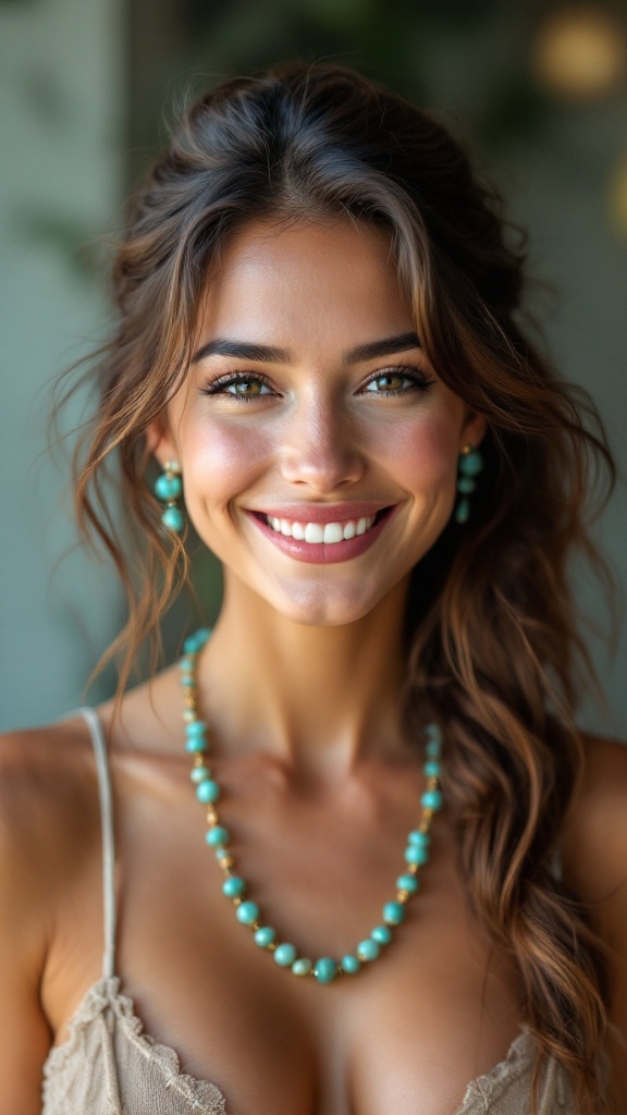 A woman with a side ponytail adorned with turquoise clips, smiling brightly