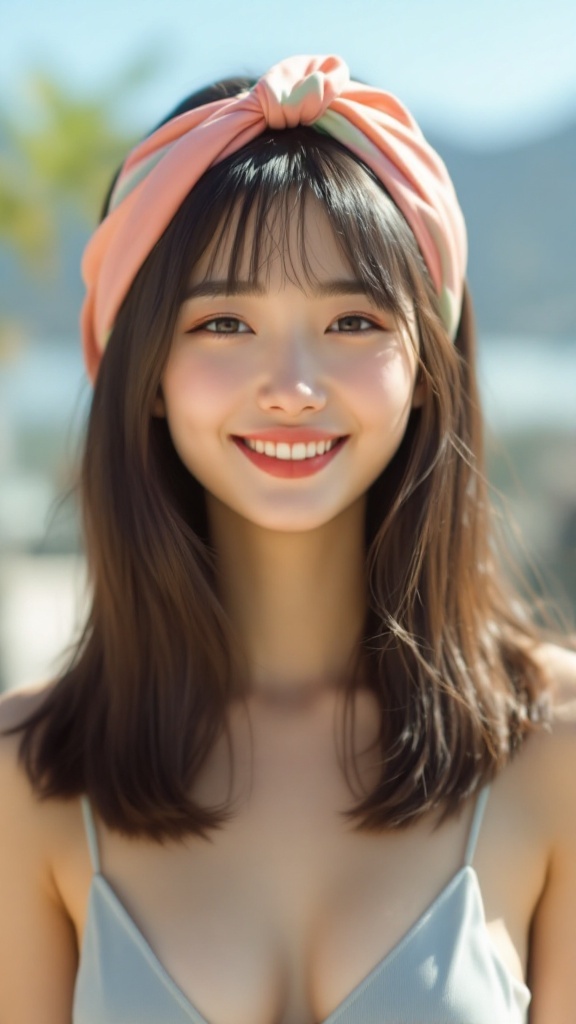A woman wearing a peach silk headband, smiling at the camera with straight hair styled effortlessly.