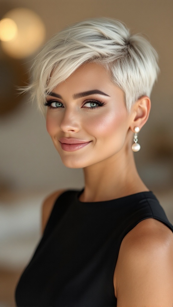A woman with a sleek platinum pixie haircut, smiling at the camera.