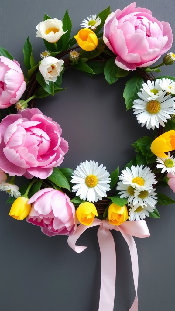 A colorful spring floral wreath featuring pink peonies, yellow tulips, and white daisies.
