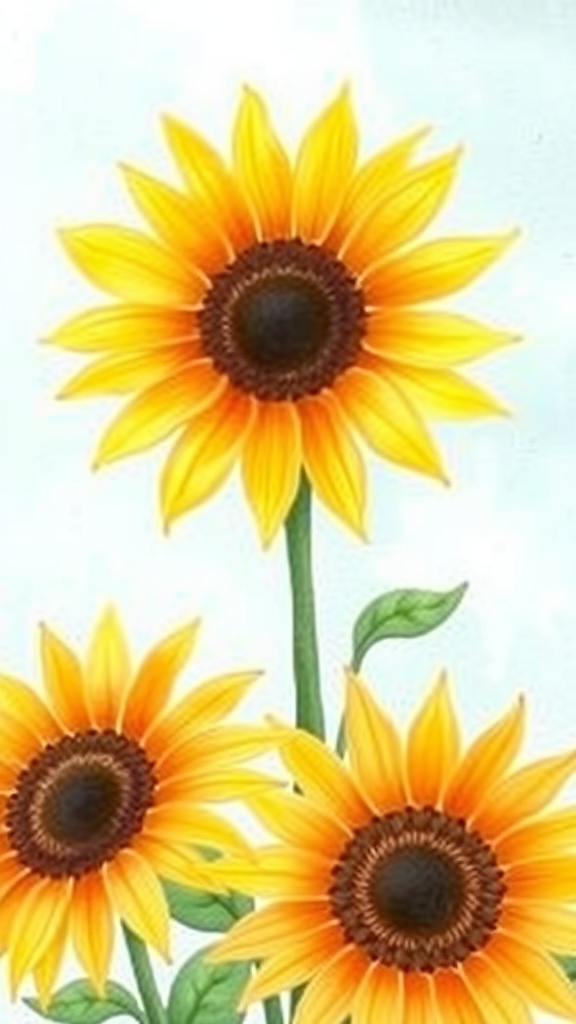 Three bright sunflowers with yellow petals and brown centers against a light background.