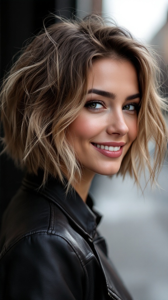 A woman smiling with a textured bob haircut featuring a side shave, wearing a black leather jacket.