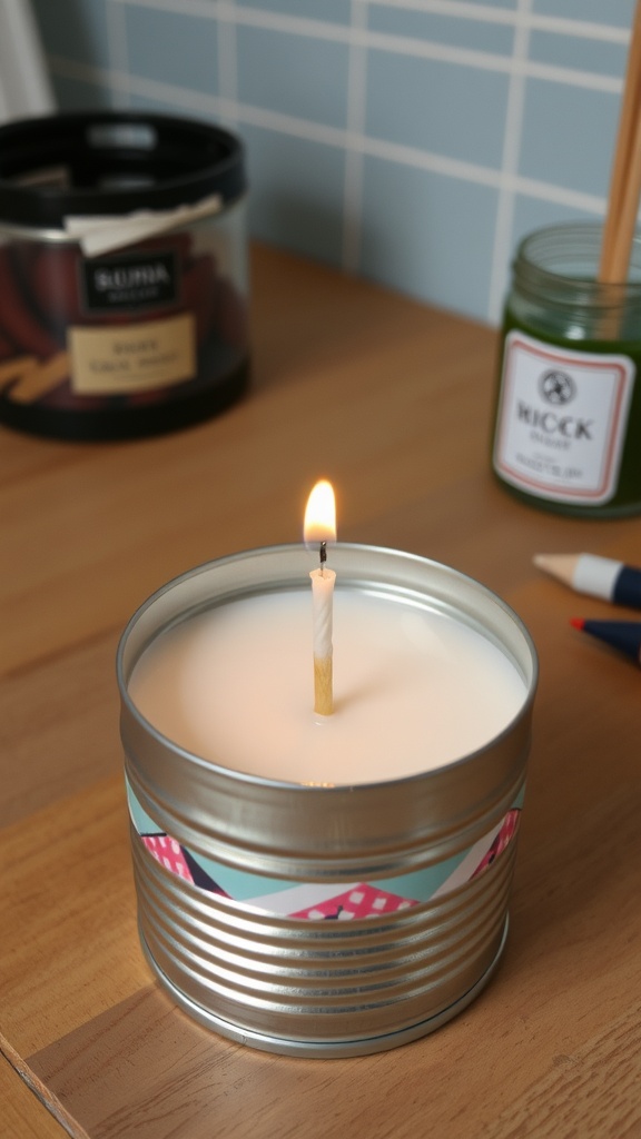 A lit tin can candle with a decorative wrap, sitting on a wooden table.