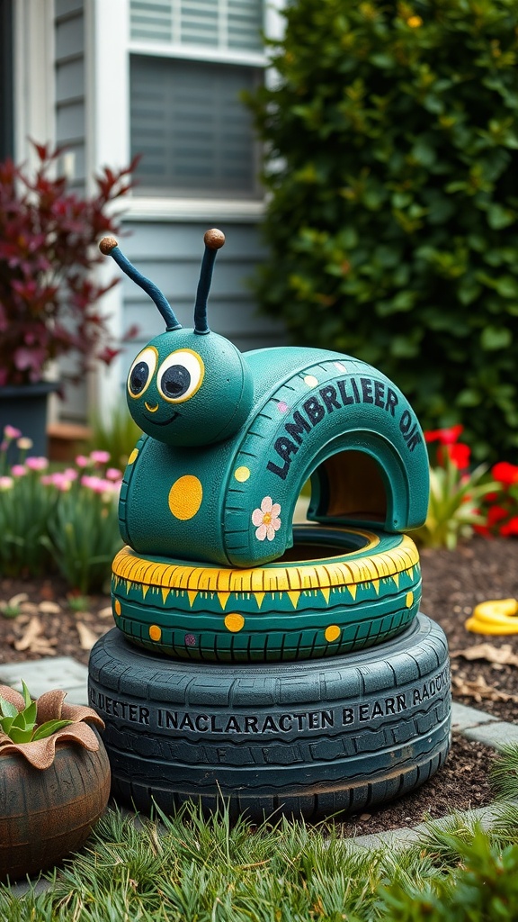 Colorful tire sculpture of a snail made from repurposed tires.