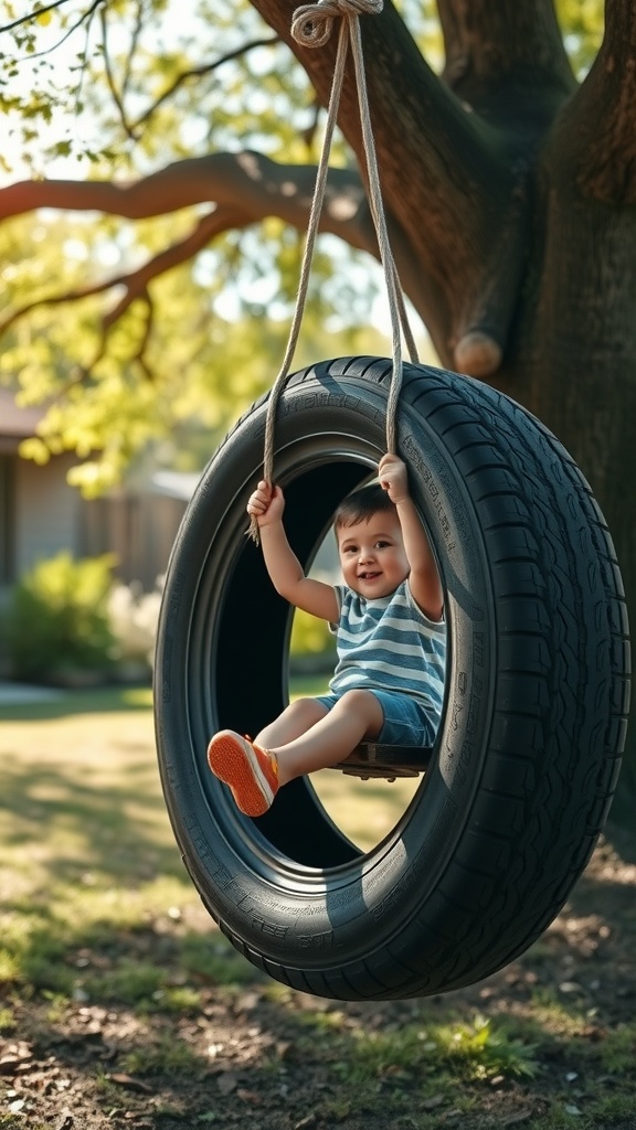 A child swinging on a tire swing hanging from a tree.