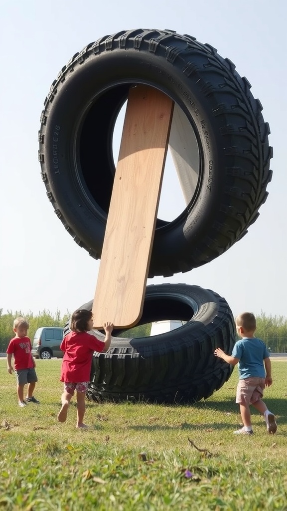 Children playing on a tire teeter-totter