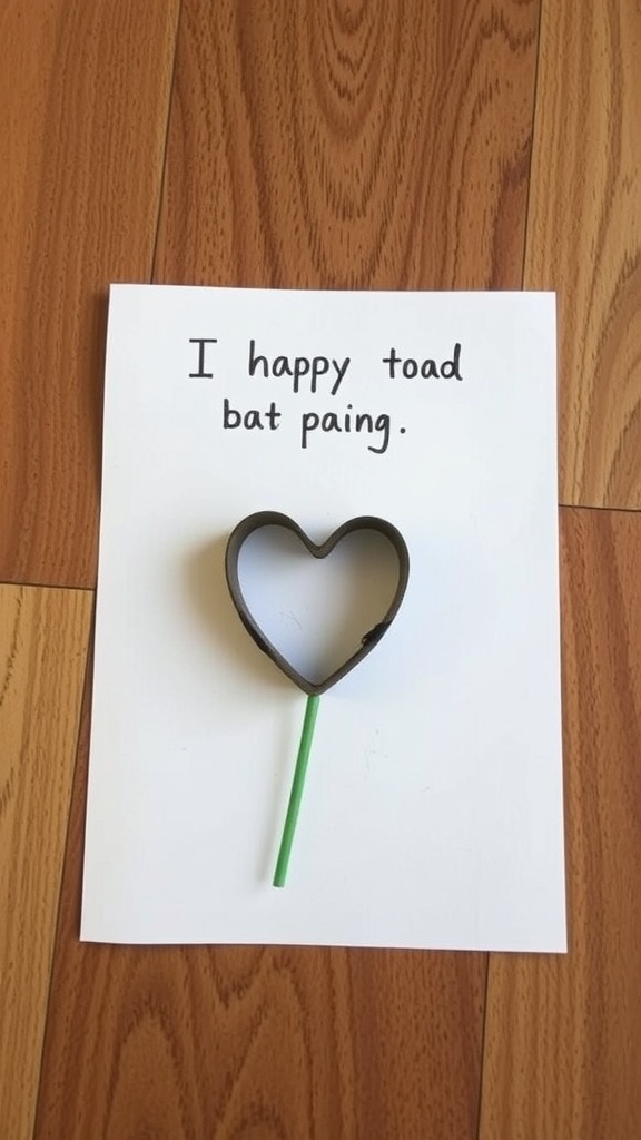 A handmade card featuring a heart stamp made from a toilet paper roll with a green straw stem.