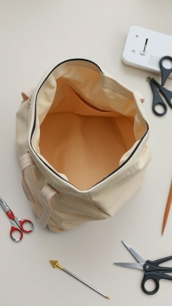 A top view of a tote bag with a zipper closure, scissors, and a sewing machine