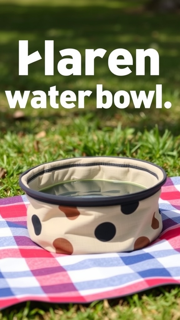 A collapsible travel water bowl with a polka dot design, placed on a picnic blanket in a grassy area.