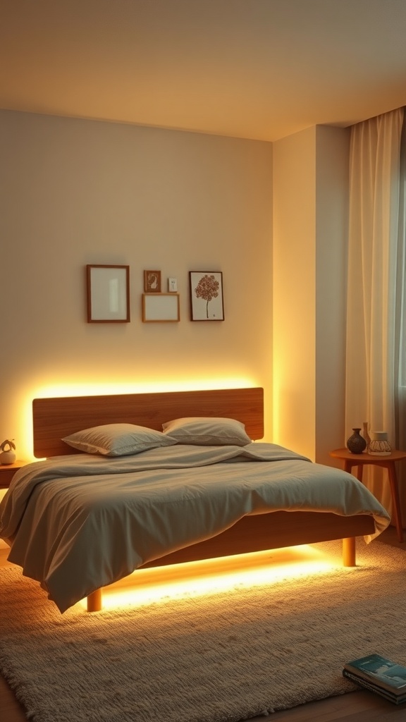 A cozy bedroom with under-bed LED strip lights creating a warm glow.